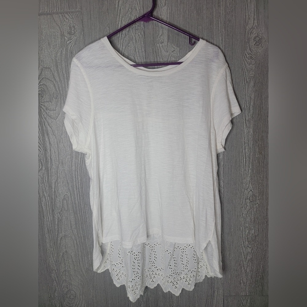 ♡Black Tape White Eyelet Lace Hem Short Sleeve Top XL Boho Cotton Modal Tee